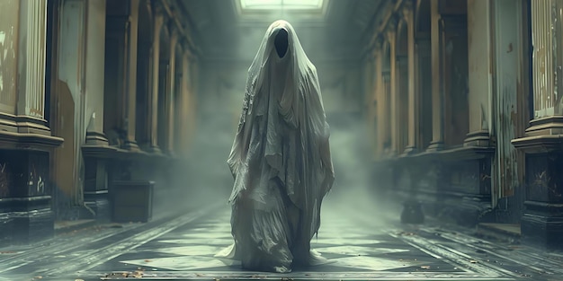Foto un fantasma solitario en una sala de castillo vintage perfecto para carteles de eventos de halloween concept halloween spooky castle ghost poster
