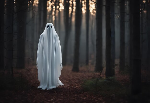 Fantasma sombrio em pé no chão na floresta 3