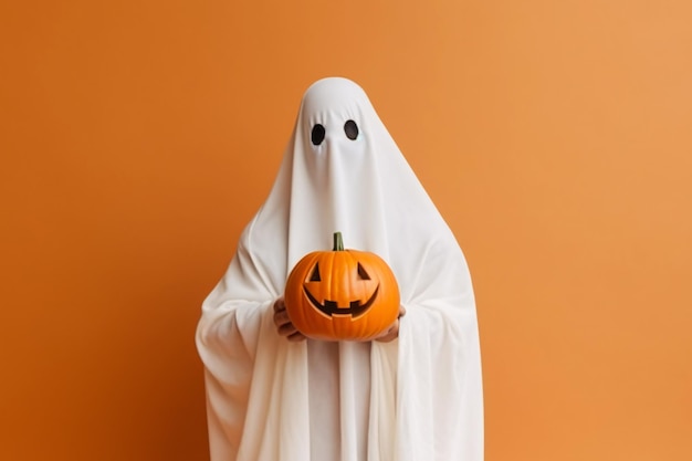 Fantasma sosteniendo una espeluznante calabaza Jack o linterna sobre fondo naranja creada con tecnología de IA generativa