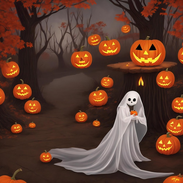 Fantasma sosteniendo una linterna en un árbol espeluznante Diseño de Halloween