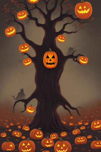Fantasma sosteniendo una linterna en un árbol espeluznante Diseño de Halloween
