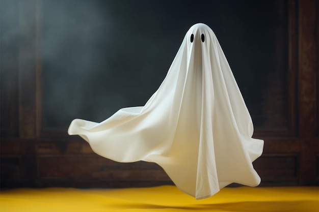 Foto fantasma voador em um lençol branco cena de halloween minimalista e assustadora