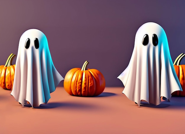 Fantasmas bonitos de Halloween fantasmas bonitos com abóbora em miniatura e cores de Halloween renderização 3D