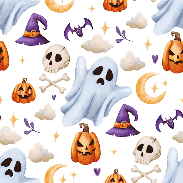 Fantasmas calabazas murciélago araña en un fondo transparente PNG Halloween dibujado a mano patrón sin costuras con fondo transparente Patrón en un fondo blanco con elementos de acuarela Halloween