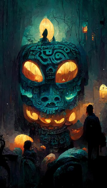 Fantasmas de calabazas de tema de halloween de estilo maya en la noche oscura ilustración 3D