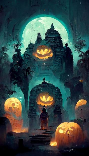 Fantasmas de abóboras de tema de halloween estilo maia na ilustração 3D da noite escura