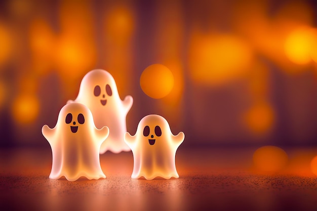 Fantasmas de Halloween em fundo bokeh laranja Conceito de férias de Halloween Feliz Ilustração de IA gerativa