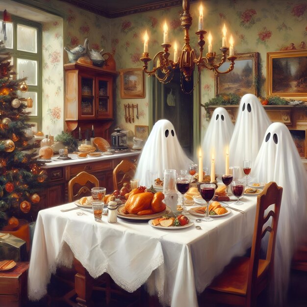 Fantasmas em uma cozinha vintage curtindo o Natal