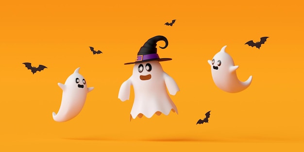 Fantasmas lindos con murciélago sobre fondo amarillo Feliz día de Halloween ilustración 3d