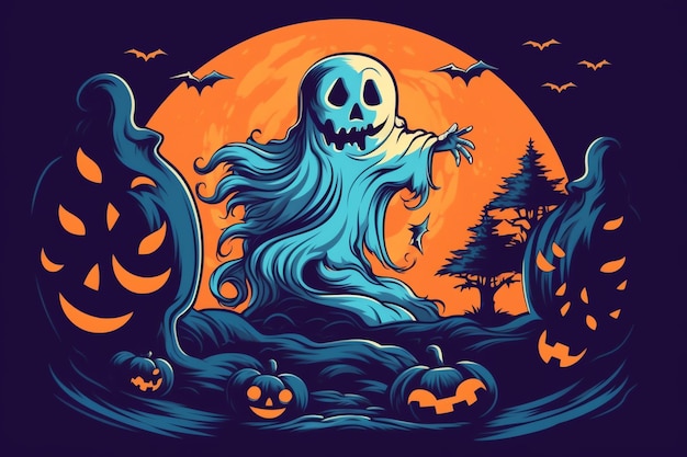 Fantasmas no conceito de celebração do Halloween em um cemitério ou floresta à noite em estilo cartoon Halloween