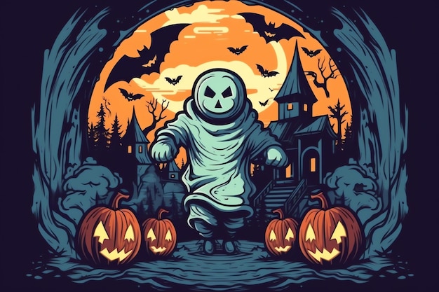 Fantasmas no conceito de celebração do Halloween em um cemitério ou floresta à noite em estilo cartoon Halloween