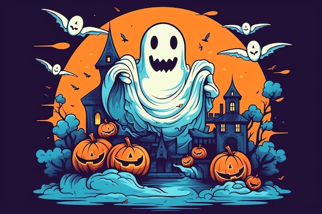 Fantasmas no conceito de celebração do Halloween em um cemitério ou floresta à noite em estilo cartoon Halloween