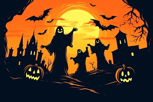 Fantasmas no conceito de celebração do Halloween em um cemitério ou floresta à noite em estilo cartoon Halloween