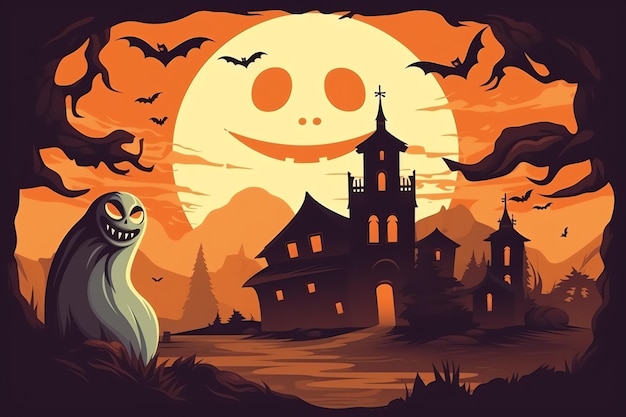 Fantasmas no conceito de celebração do Halloween em um cemitério ou floresta à noite em estilo cartoon Halloween