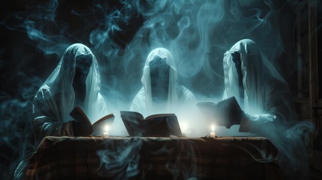 Fantasmas organizando um clube de livros silenciosos com livros invisíveis