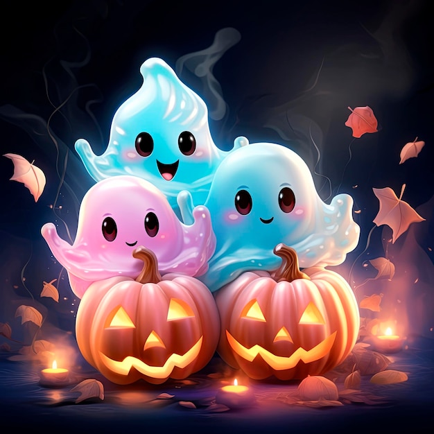 Fantasmas rosa e azuis fofos celebram o Halloween