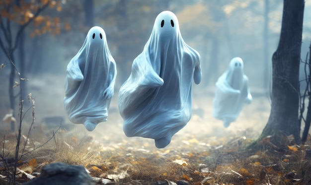 Fantasmas de tela con sábanas blancas y ojos oscuros perforados concepto de Halloween para el día de los muertos