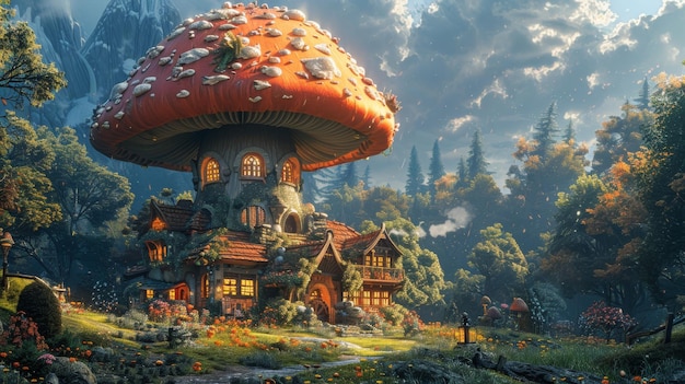 Fantastic Cartoon Style Scene Papel de pared Diseño de fondo con una tierra fantástica un gran hongo y una casa en medio de ella