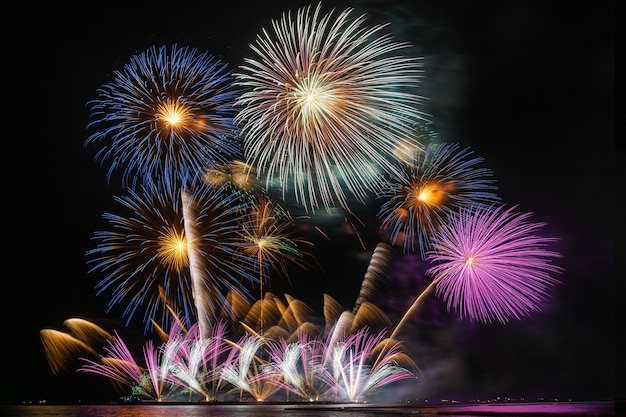 Fantastic Multicolor Firework Celebration do grande barco sobre o mar