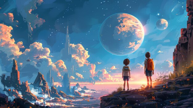 Fantastic Realistic Cartoon Style Scene Papel de pared Diseño de fondo La aventura en el planeta alienígena SciFi OVNI Persiguiendo a niños y niñas Héroes Portal de monstruos