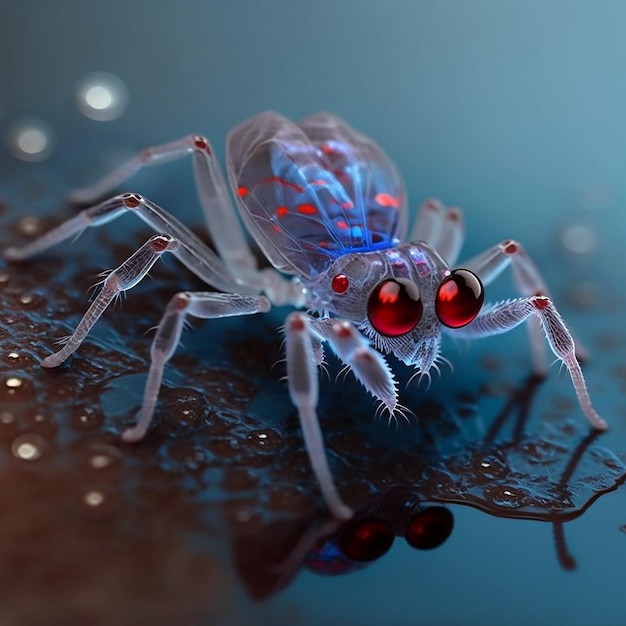 Fantástica araña transparente con grandes ojos rojos pesadilla de terror de cerca