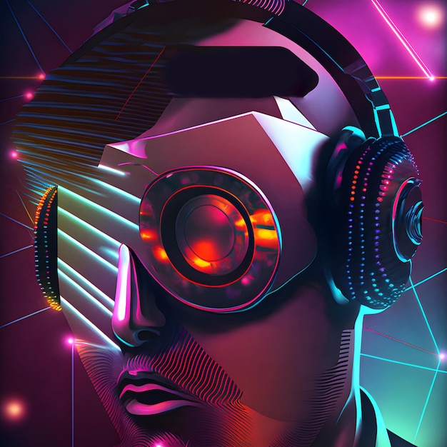 Fantástica cabeça de discoteca com óculos bizarros e fones de ouvido arte gerada pela rede neural