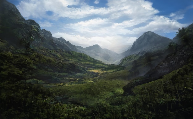 Fantástica Epic Magical Landscape of Mountains Summer Nature Mystic Valley Gaming RPG Background