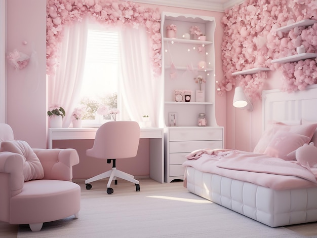 Fantástica habitación rosa para niños con un diseño interior único AI Generation