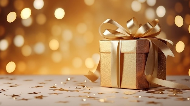 Fantástica linda caixa de presente de ouro com fitas em fundo festivo espaço livre para texto