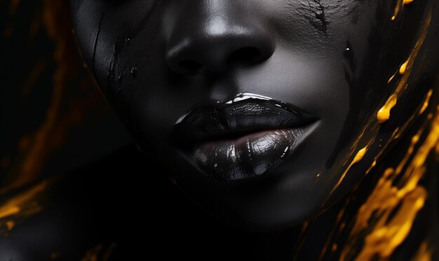 Fantástica maquiagem profissional dourada mulher africana lábios pele com tinta
