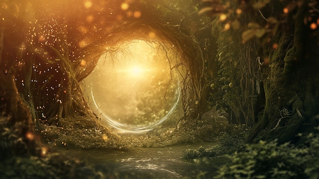 Foto fantástica paisagem bonita com portal mágico em mística floresta de conto de fadas generative ai
