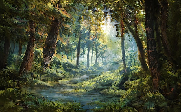 Fantástica paisagem de floresta mágica épica. Verão bela natureza mística. Ativos de jogos. céltico