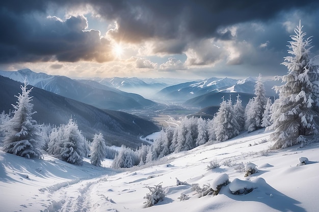 Fantástica paisagem de inverno Céu nublado dramático Colagem criativa Mundo de beleza