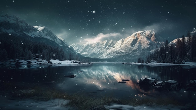 Fantástica paisagem de inverno com montanhas cobertas de neve e lago à noite generative ai