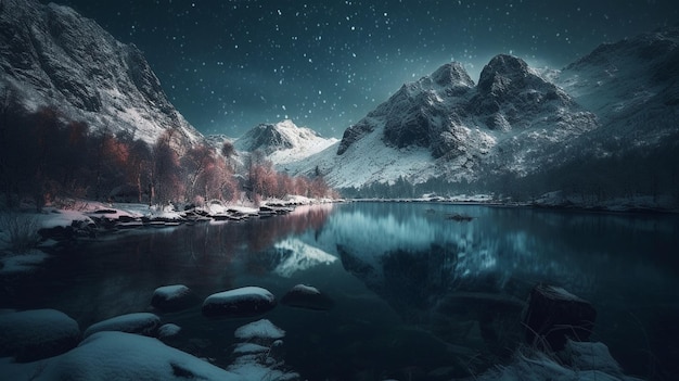 Fantástica paisagem de inverno com montanhas cobertas de neve e lago à noite generative ai