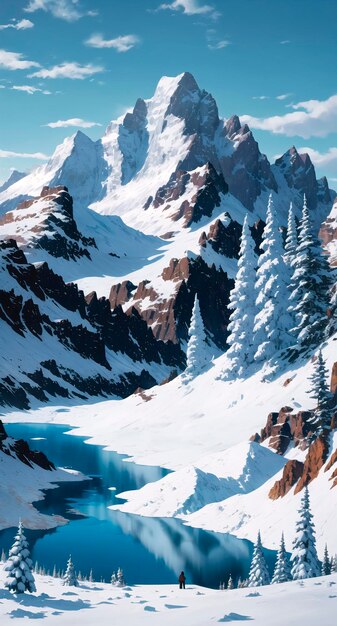 Fantástica paisagem de inverno com montanhas cobertas de neve e lago