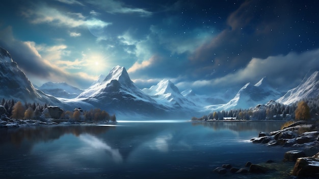 Fantástica paisagem de inverno com montanhas nevadas e lago