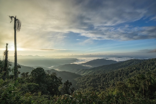 Fantástica paisagem de montanha ao nascer do sol da manhã, paisagem de altas montanhas verdes, céu azul wi