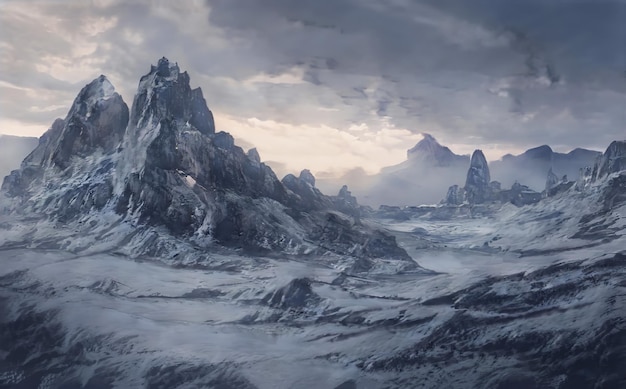 Fantástica paisagem épica de inverno das montanhas natureza congelada Mystic Valley Gaming RPG Background