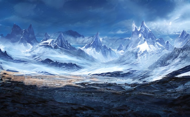 Fantástica paisagem épica de inverno das montanhas natureza congelada Mystic Valley Gaming RPG Background