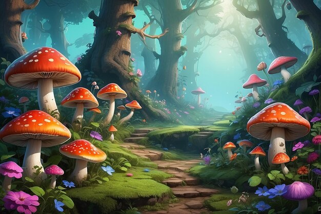 Fantástica paisagem florestal com cogumelos e flores
