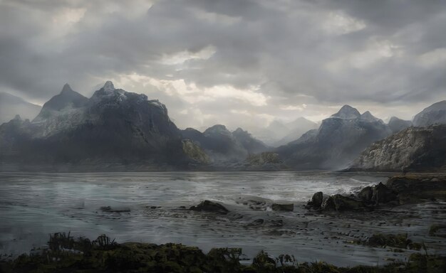 Fantástica paisagem mágica épica de montanhas verão natureza mística floresta jogo rpg fundo