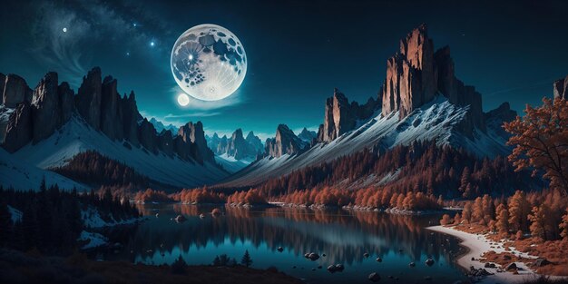 Fantástica paisagem noturna montanhas perto da água