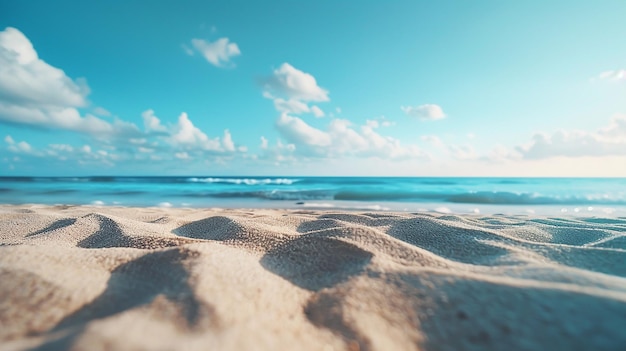 Fantástica playa con mar azul y primer plano de la arena
