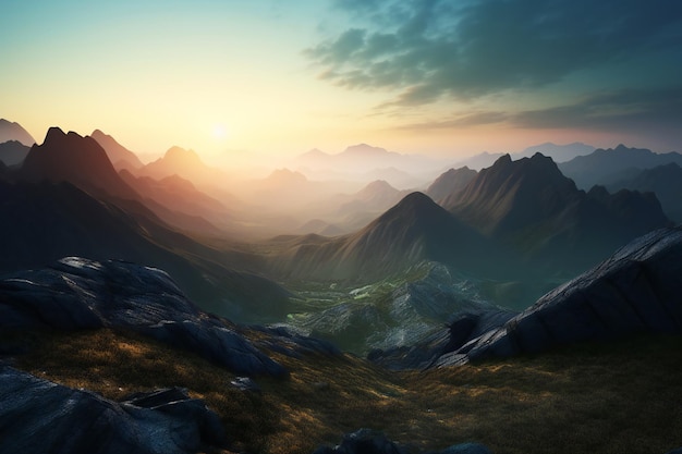 Fantástica puesta de sol en las montañas Escena dramática