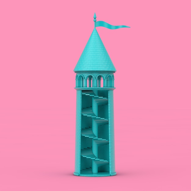 Foto fantástica torre del castillo azul con escalera interior duotone sobre un fondo rosa. representación 3d