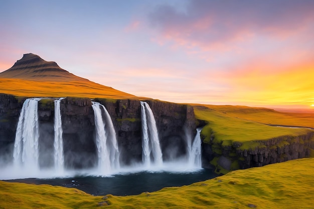 Fantástica vista de la cascada Kirkjufellsfoss cerca de la montaña Kirkjufell al atardecer