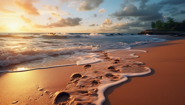 Fantástica vista de cerca de las olas tranquilas del agua del mar con la luz naranja del sol al atardecer Isla tropical