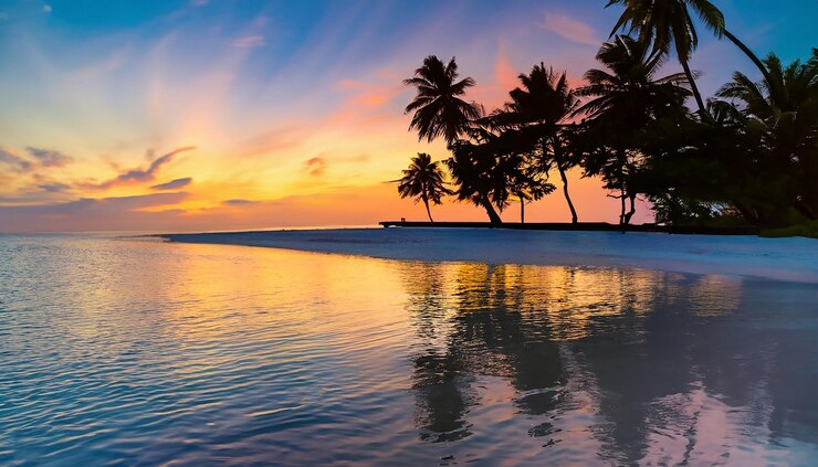 Foto fantástica vista de perto da calma da água do mar, ondas laranja, nascer e pôr do sol, luz do sol, costa tropical.