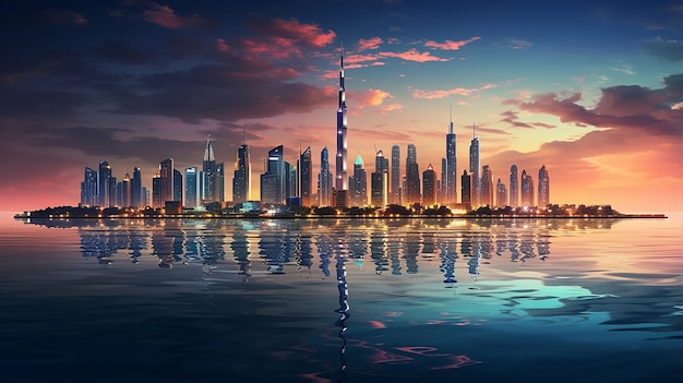 fantástica vista do horizonte de Dubai à noite com reflexo